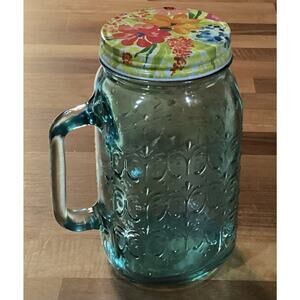 Pioneer Woman 32 Oz Green Glass Mason Jar Mug with Handle & Lid